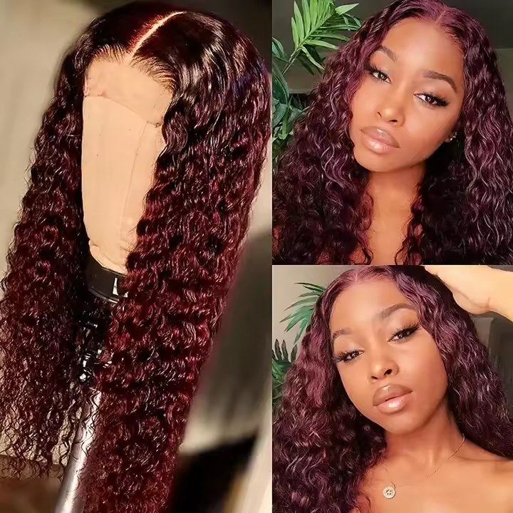 2024 Hot Selling Burgundy Wig Curly Human Hair Wigs Deep Wave High Density 16 24 Inch Wholesale Hand Knitting Burgundy Lace Wig