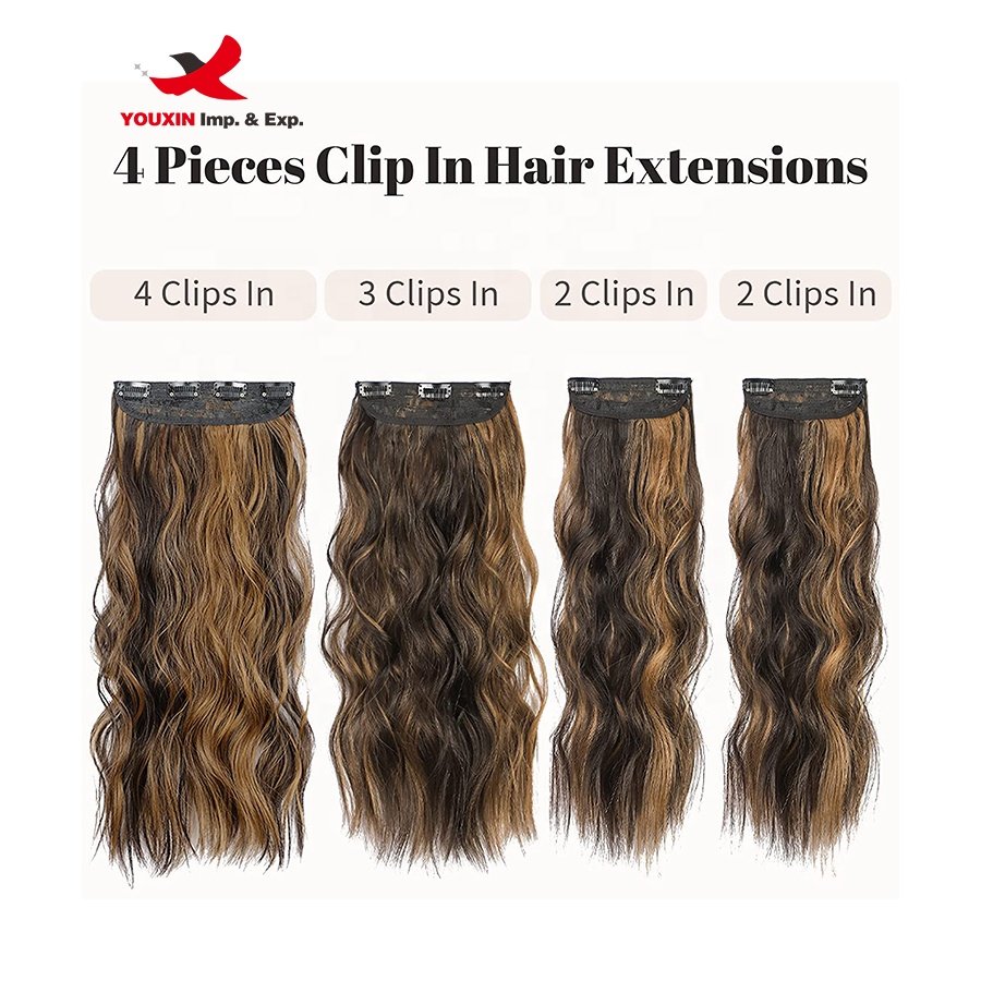 FENGFLY factory custom balayage long wavy curly synthetic wigs real dark brown hair extensions clip in