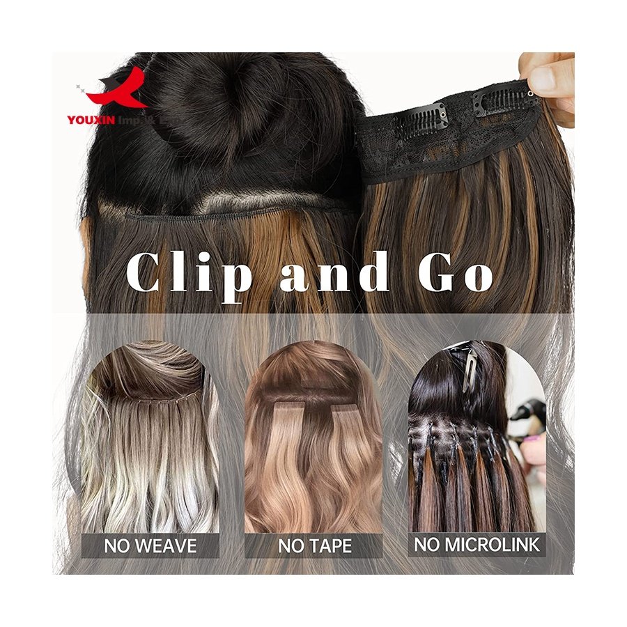 FENGFLY factory custom balayage long wavy curly synthetic wigs real dark brown hair extensions clip in