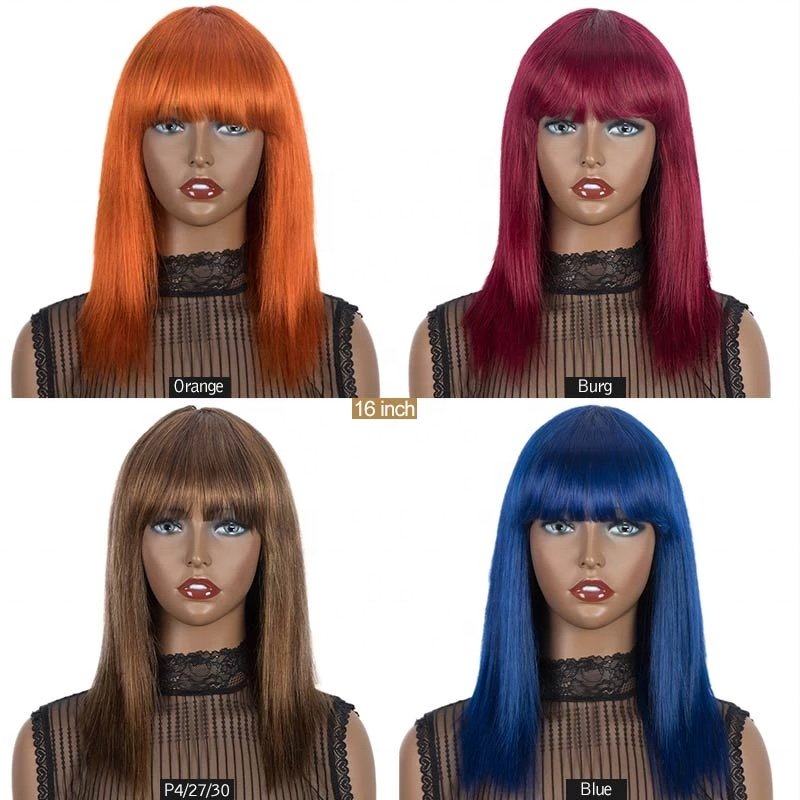 Orange Pink Blue Blonde Color Wig Long Hair Straight Bob Wig With Bangs Brazilian Remy Human Hair Hot Sell Best Human Hair Wig