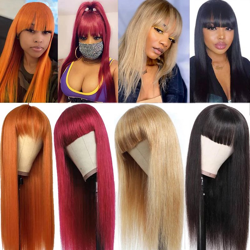 Orange Pink Blue Blonde Color Wig Long Hair Straight Bob Wig With Bangs Brazilian Remy Human Hair Hot Sell Best Human Hair Wig