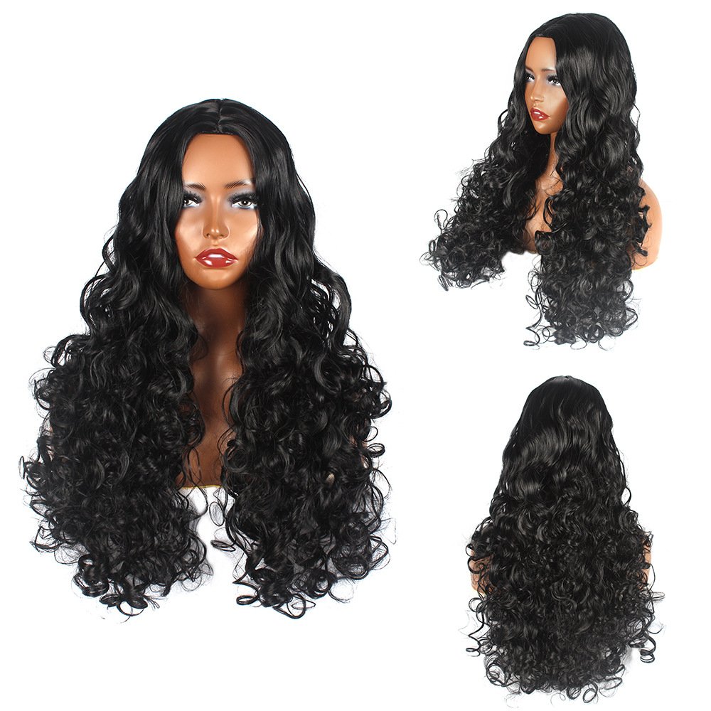 Women Black Long Hair Small Curly Head Set Matte High Temperature Silk Wig Chemical Fiber