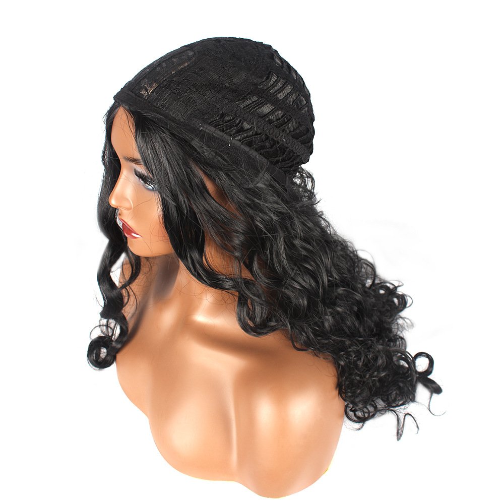 Women Black Long Hair Small Curly Head Set Matte High Temperature Silk Wig Chemical Fiber