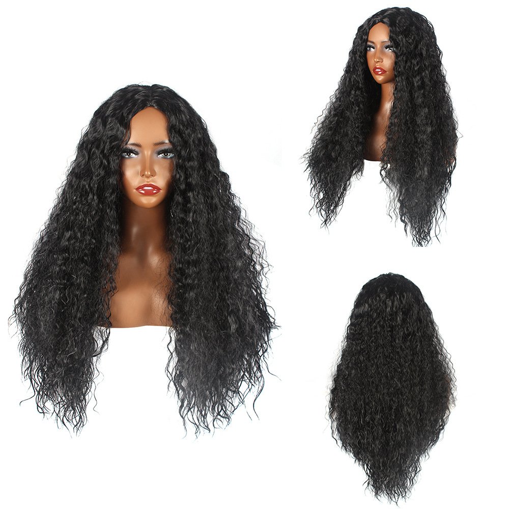 Women Black Long Hair Small Curly Head Set Matte High Temperature Silk Wig Chemical Fiber