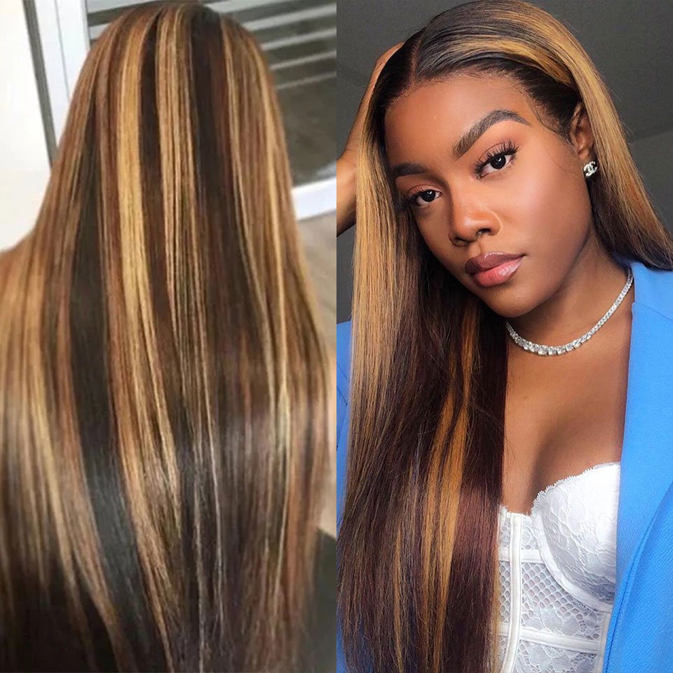 Highlight Wig Human Hair HD Transparent Lace Frontal Wigs T Part Brazilian Straight Piano Color Lace Front Human Hair Wigs