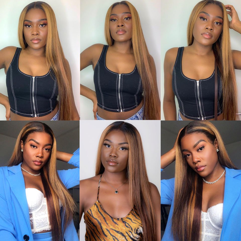 Highlight Wig Human Hair HD Transparent Lace Frontal Wigs T Part Brazilian Straight Piano Color Lace Front Human Hair Wigs
