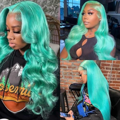 13x6 Lace Frontal Wigs Highlight Blue/Green Colored Human Hair Wigs Natural Hairline Brazilian Virgin Hair Wigs for Woman