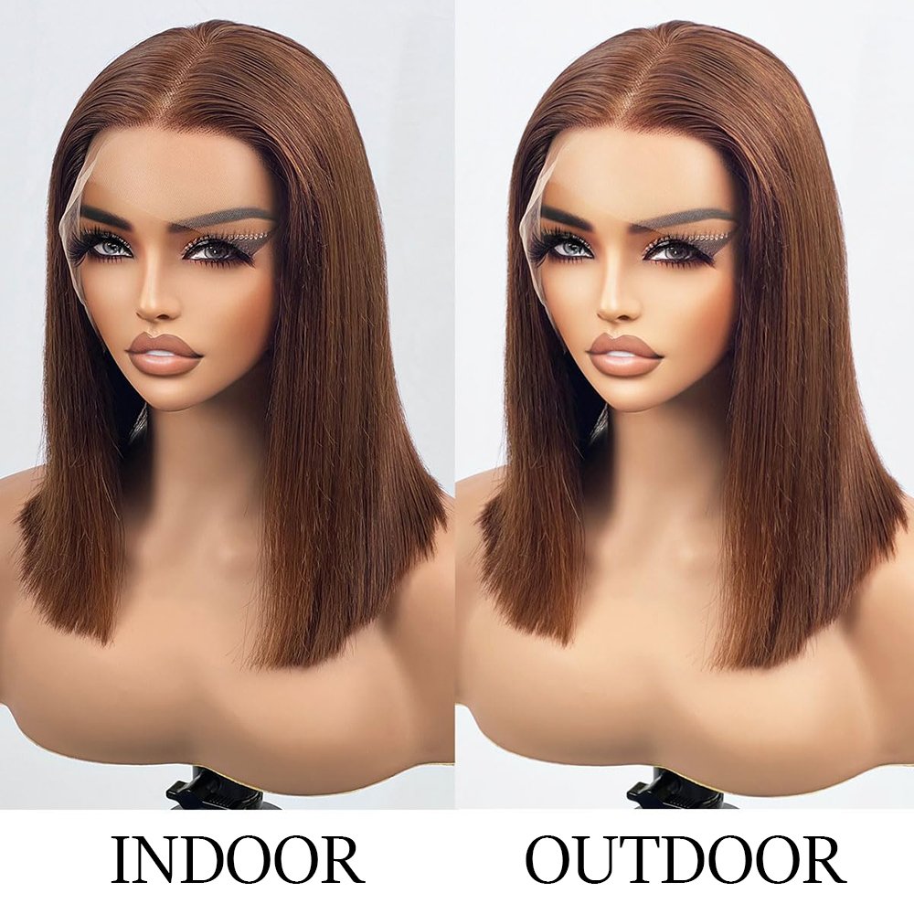 Chocolate Brown Lace Front Glueless Short Bob Wig Bone Straight HD Frontal Human Hair Wigs For Women