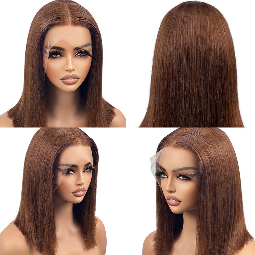 Chocolate Brown Lace Front Glueless Short Bob Wig Bone Straight HD Frontal Human Hair Wigs For Women