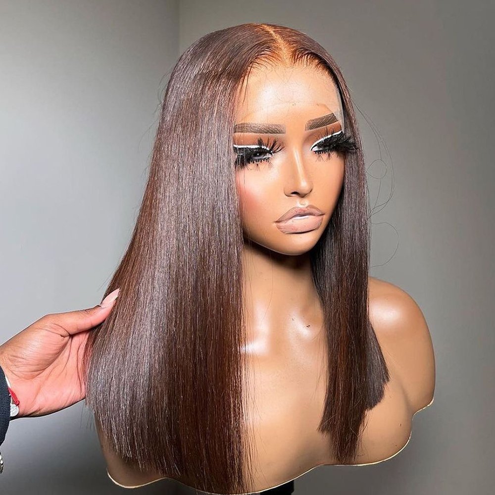 Chocolate Brown Lace Front Glueless Short Bob Wig Bone Straight HD Frontal Human Hair Wigs For Women