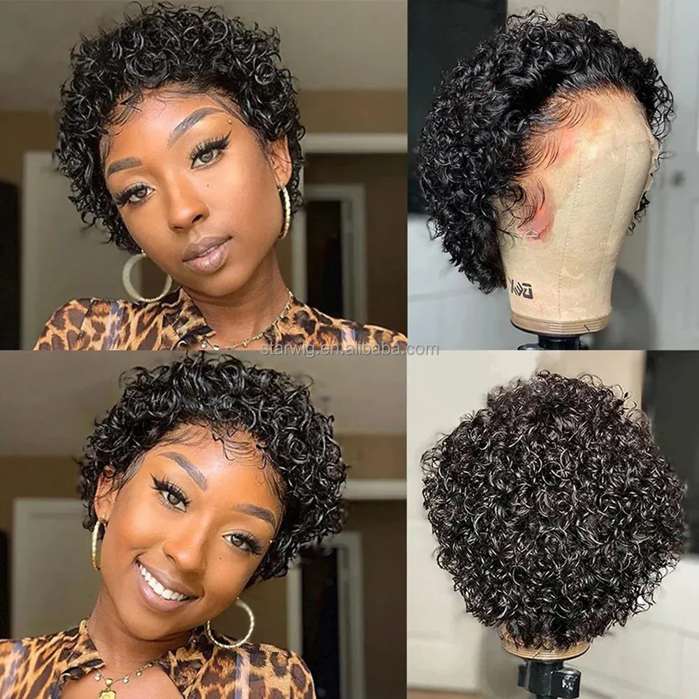 Cheap 13*1 Lace Pixie Cut Curly Wig Natural Brazilian 150% Density Pixie Curly Human Hair Wig For Black Women