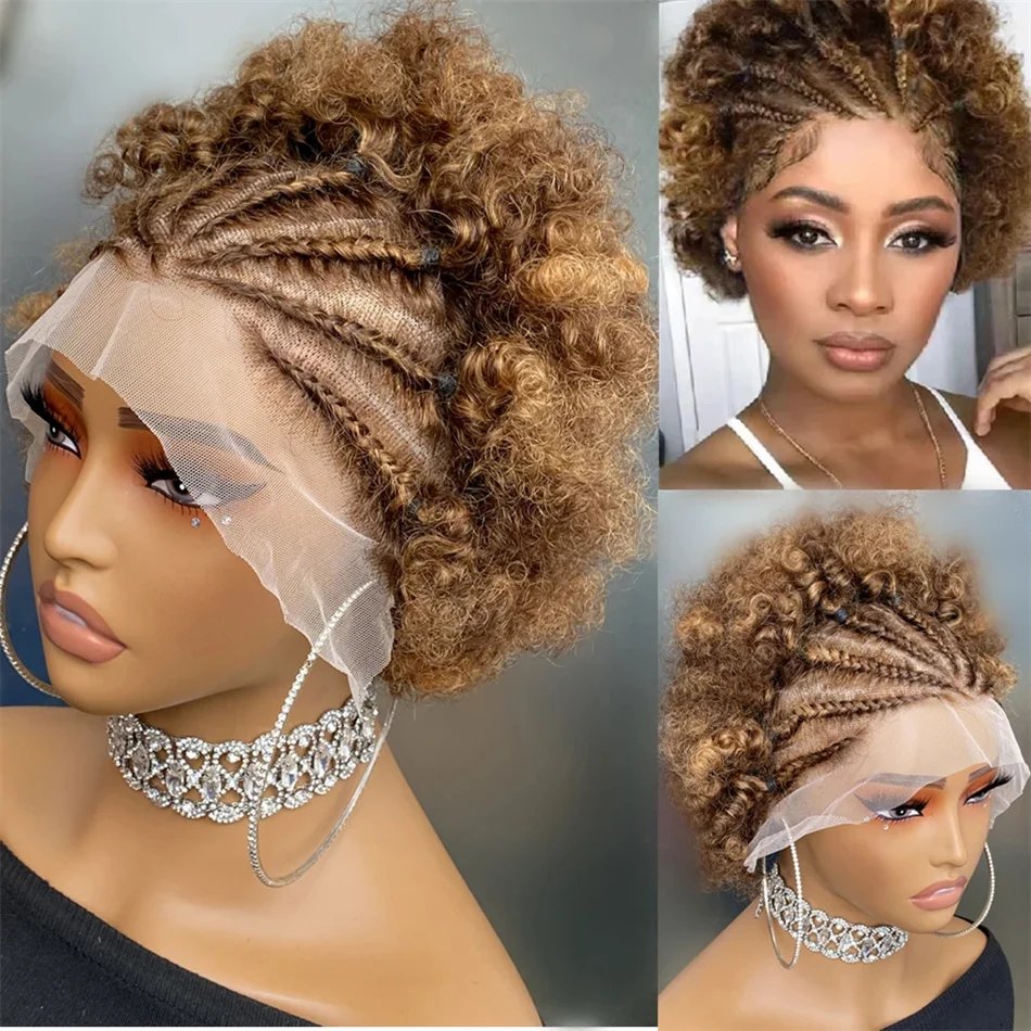 orange Color Afro Kinky Curly Human Hair Wig with Braids 13x4 Transparent Lace Front Curly Short Bob Wigs 220% Density for Women