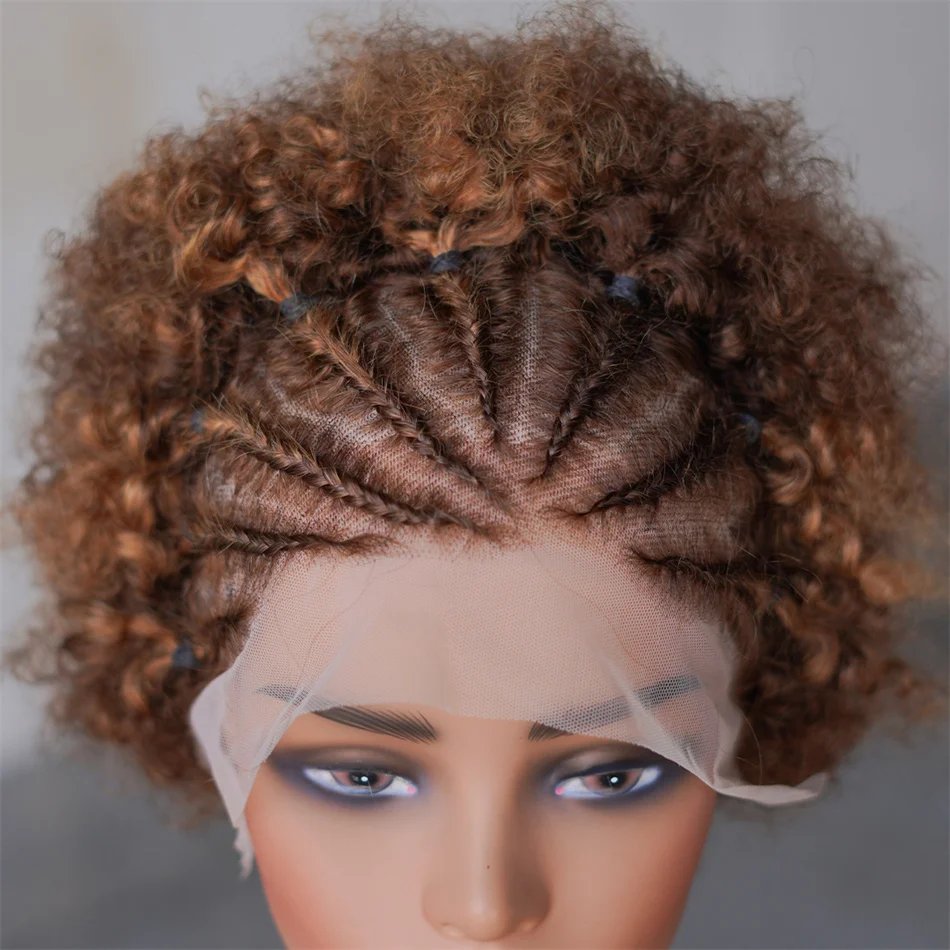 orange Color Afro Kinky Curly Human Hair Wig with Braids 13x4 Transparent Lace Front Curly Short Bob Wigs 220% Density for Women