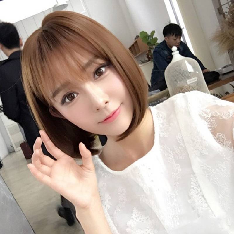Korean version of the wig female short straight hair air bangs wig naturally realistic bobo head buckle mechanism full set
