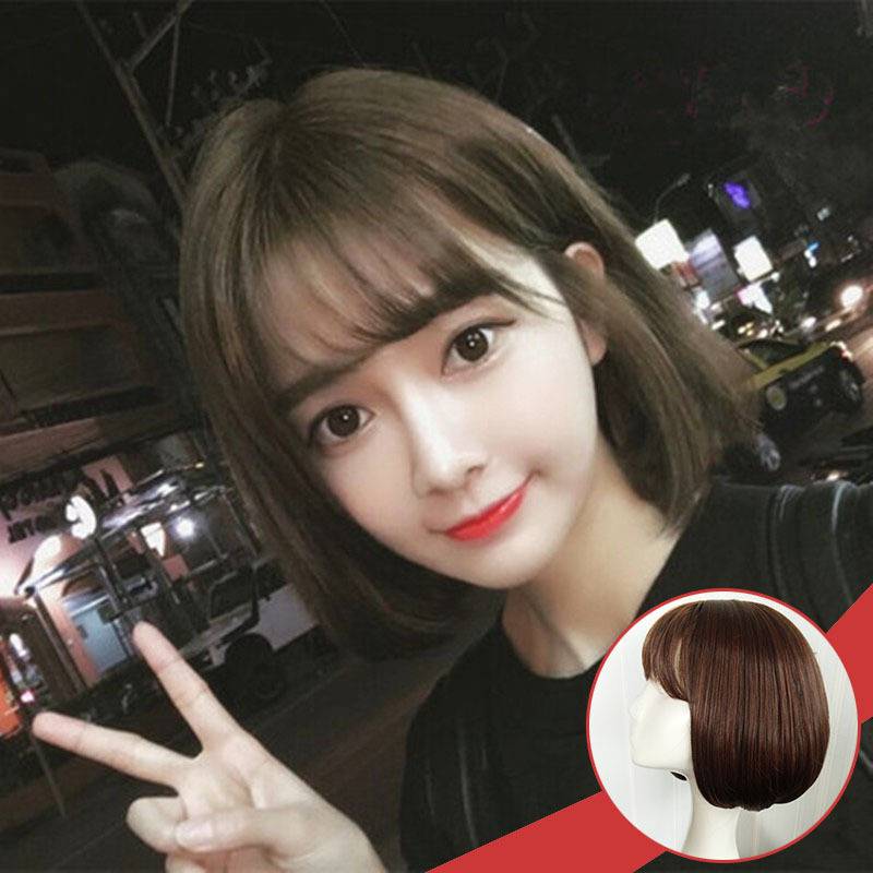 Korean version of the wig female short straight hair air bangs wig naturally realistic bobo head buckle mechanism full set
