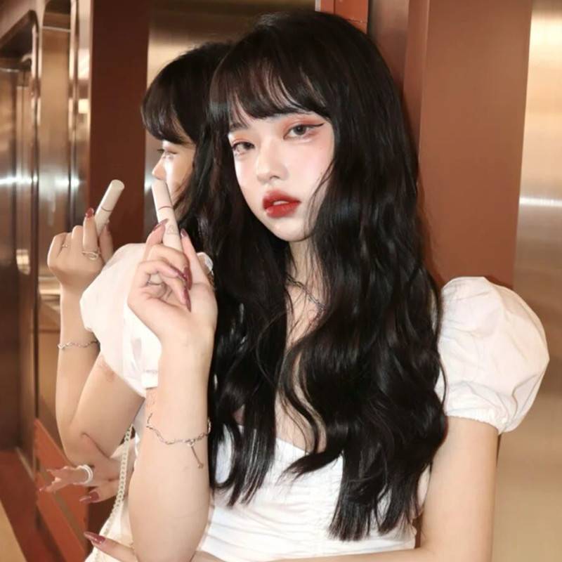 Wig female long curly hair, big wave air bangs round face simulation net red long hair is realistic and fluffy, naturally full