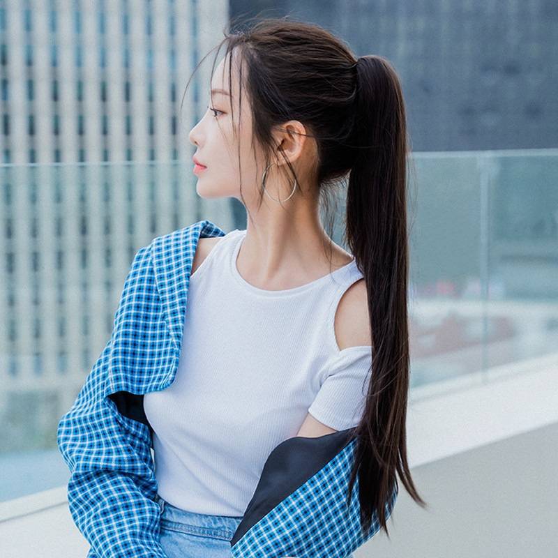 Cross -border e -commerce fake female black long hair tall ponytail grabbing long straight ponytail simulation hair manufacturers wholesale