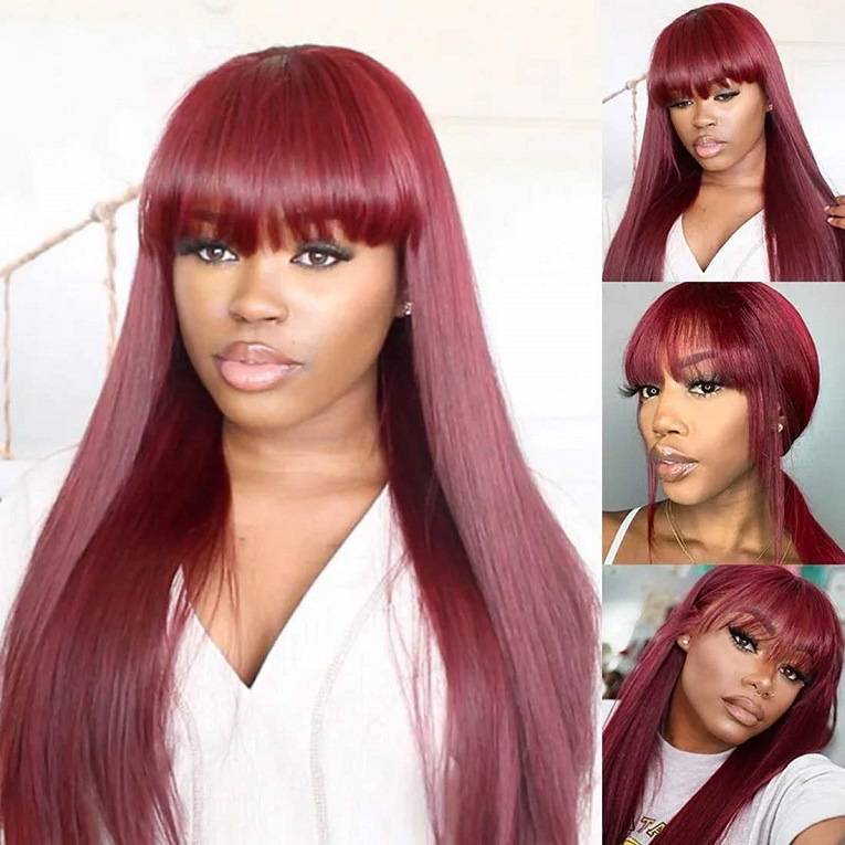 New product European and American wig Women's wine red Qi bangs long straight hair fashion wig chemical fiber wig