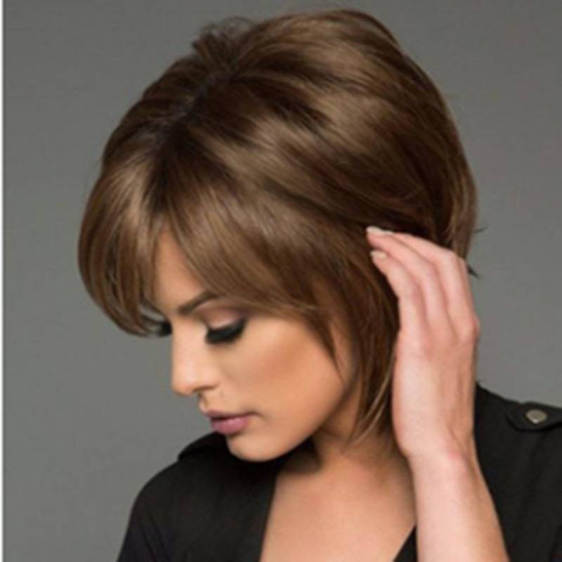 Ladies middle -aged and elderly wig Dark brown short straight hair fluffy and realistic mothers chemical fiber short hair wig