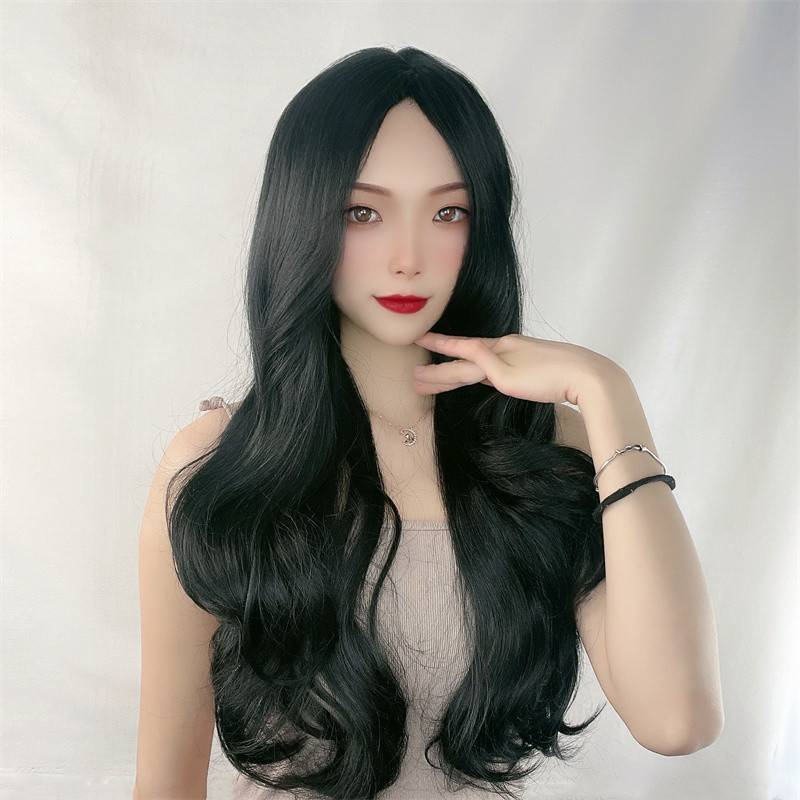 Cross -border wig women with long curly curly hair black big wave long hair mechanism head cover supports a piece of hair