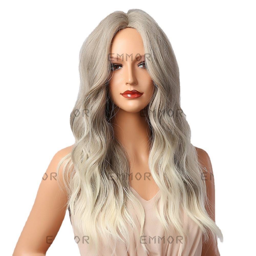Yiwu Blue Coast Wig European and American cross -border wig female gray gradient midfish, small curly long hair, high temperature silk fake