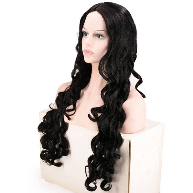 European and American fashion wig female high -temperature silk chemical fiber hair is divided into large wave black long curly hair women's hood