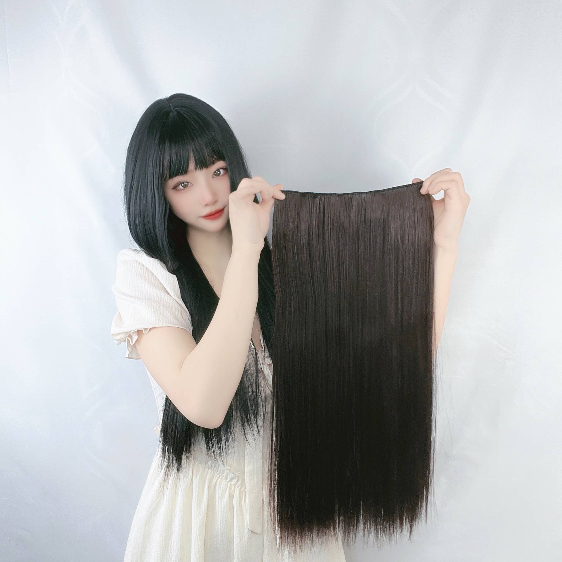Wig female long hair, a piece of four -card high -temperature silk, cross -border black long straight wig