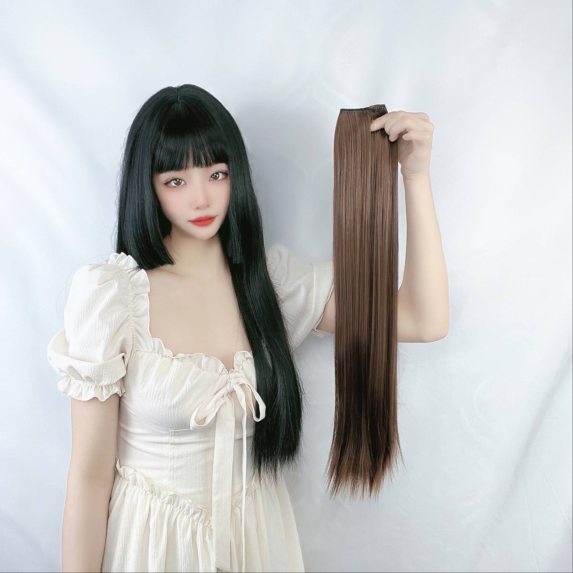 Wig female long hair, a piece of four -card high -temperature silk, cross -border black long straight wig