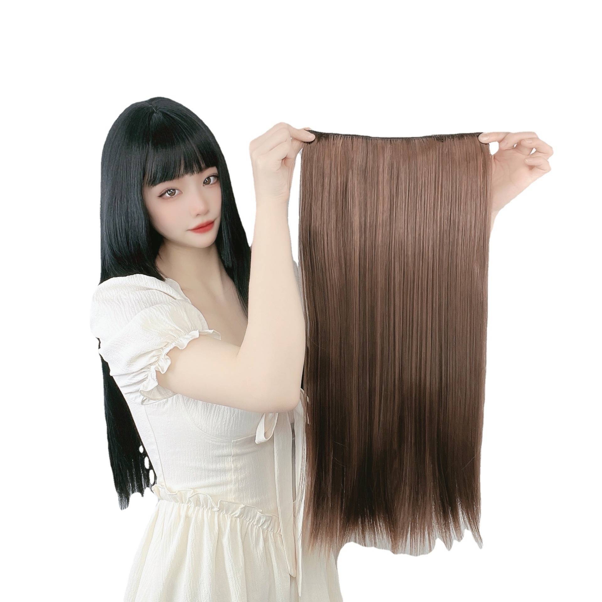 Wig female long hair, a piece of four -card high -temperature silk, cross -border black long straight wig
