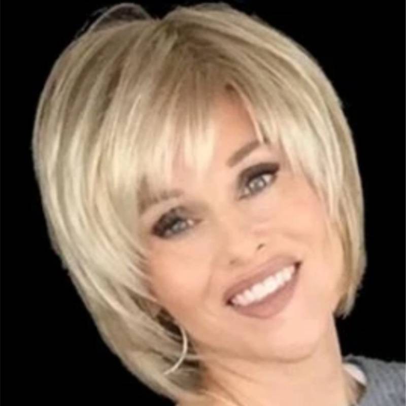 Cross -border new European and American wig ladies Qi Liu Hai mixed color, middle -aged and elderly short -straight straight hair sleeve