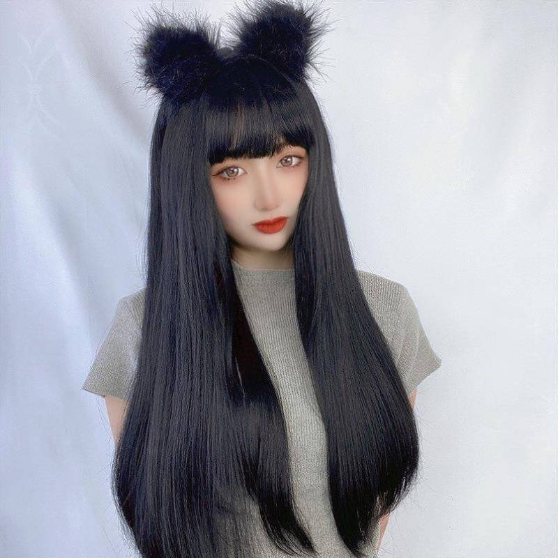 New product wig female black air bangs long straight hair high -temperature silk temperament face face red transformation wig girl