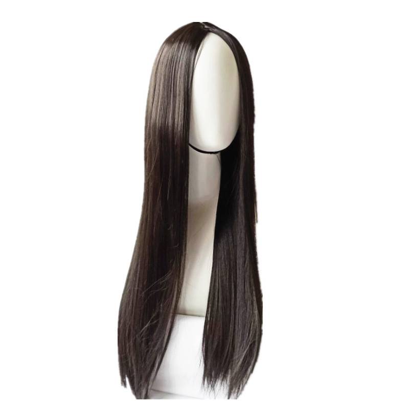 Cross -border new product wig Ms. Black mid -length straight hair chemical fiber wig European and American high -temperature silk hood