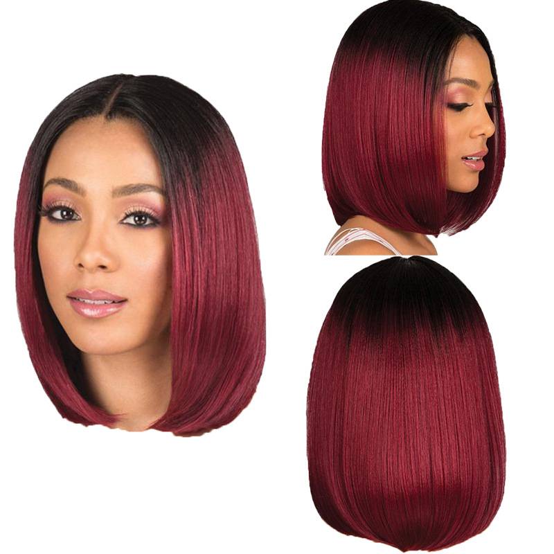 Cross -border European and American dyeing bobo wig female short straight hair black gradient wine red wave head spot