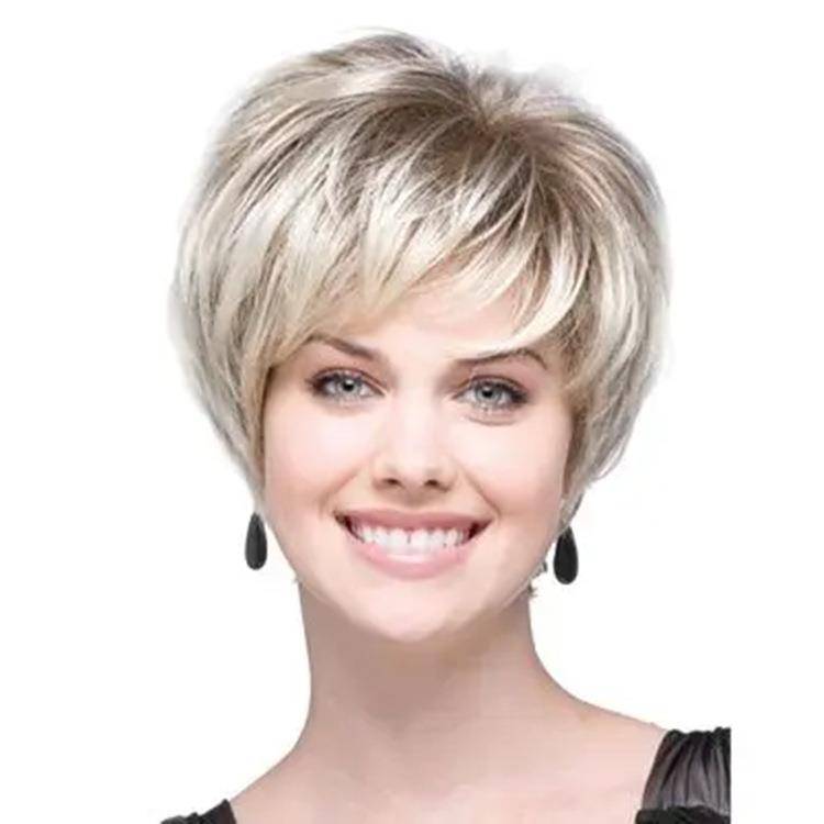 Factory Direct Sale Ladies Short hair fluffy gray and white oblique bangs wig rose net