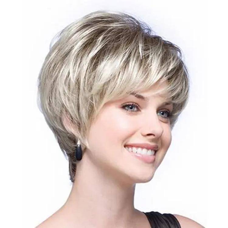 Factory Direct Sale Ladies Short hair fluffy gray and white oblique bangs wig rose net