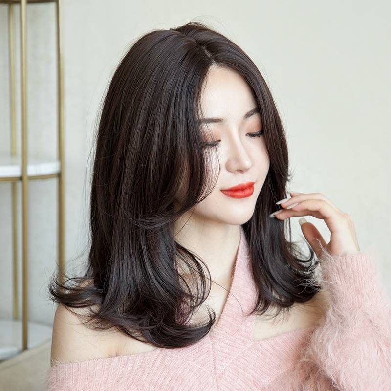 Wig female medium hair bangs and Korean -style lace wig medium short hair tail micro -curling naturally full head long straight hair