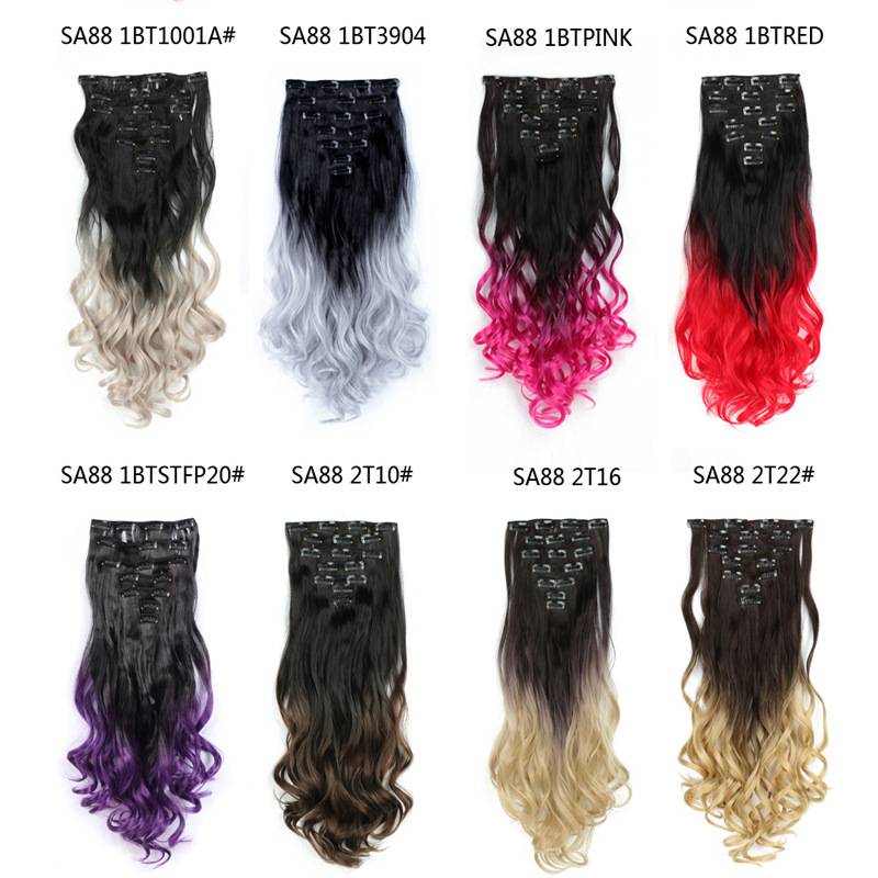 Dyed gradient color chemical fiber hair seven -piece card connection tablet double T color wig clip hair long curly hair