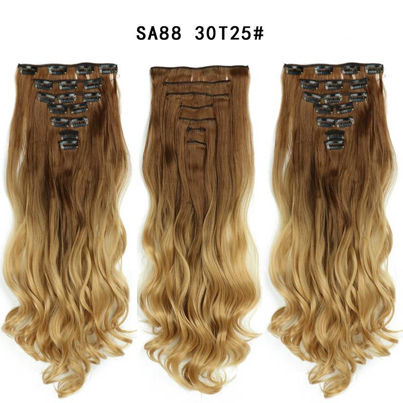 Dyed gradient color chemical fiber hair seven -piece card connection tablet double T color wig clip hair long curly hair