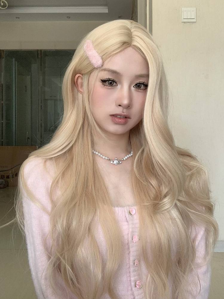 Pepper oil front lace wig white gold long curly hair big wave rose, the same natural full set wig