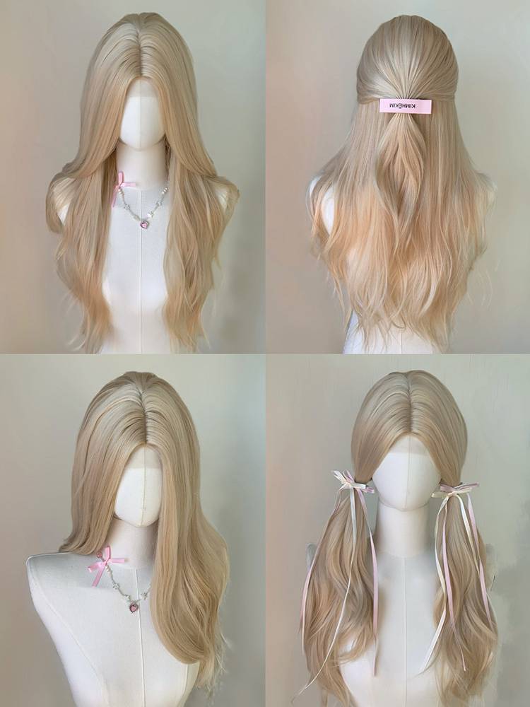Pepper oil front lace wig white gold long curly hair big wave rose, the same natural full set wig