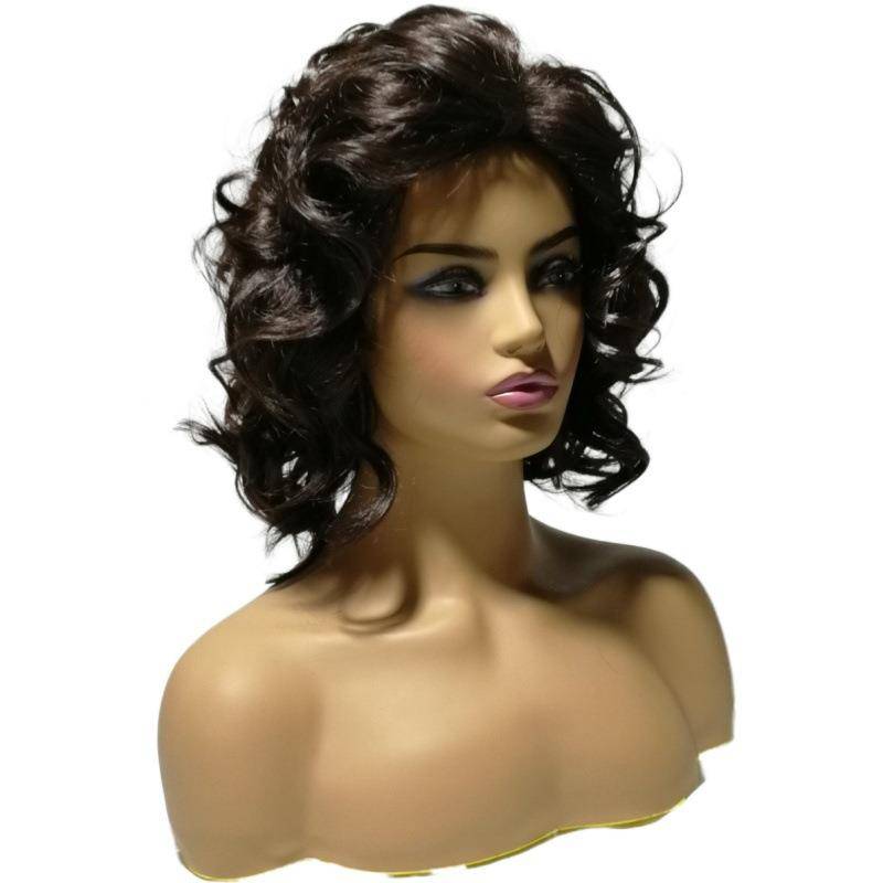 European and American hot -selling direct -selling wig Men's short hair curly hair dark brown lady curly hair