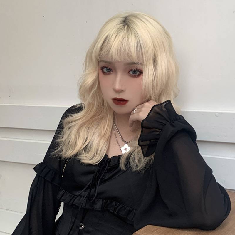 Wig female light golden rice white air bangs medium long hair large curl anchor transformer wig