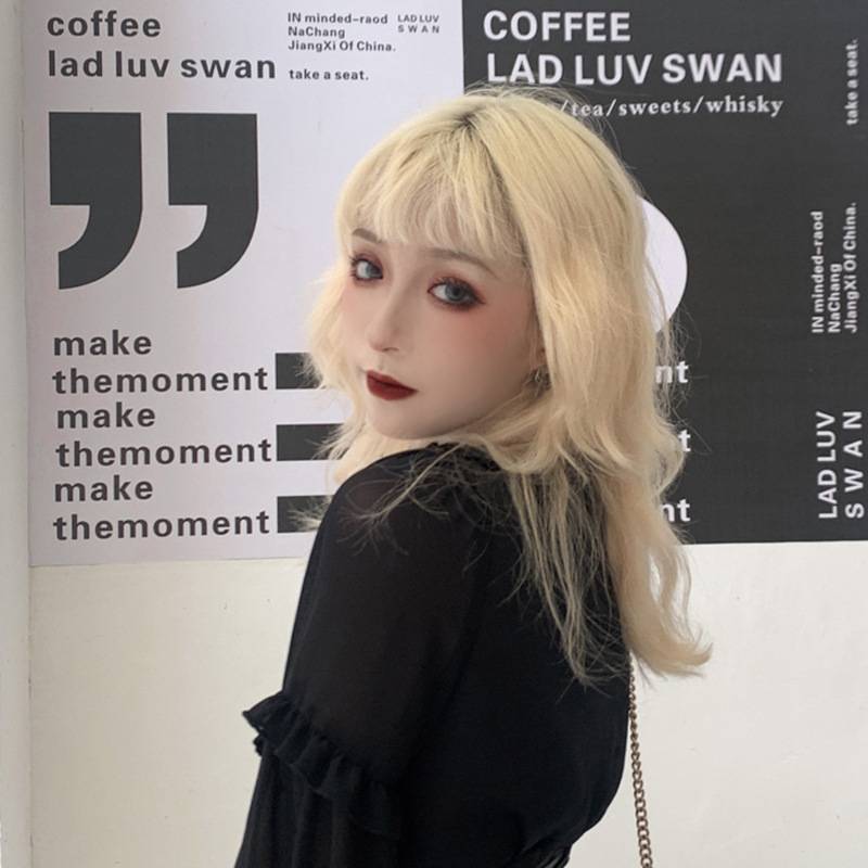 Wig female light golden rice white air bangs medium long hair large curl anchor transformer wig