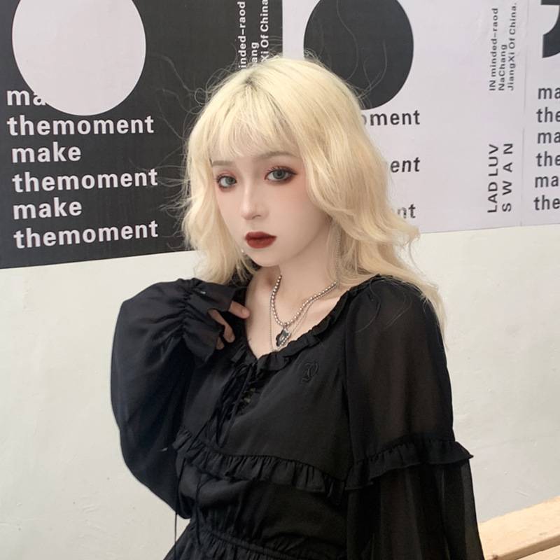 Wig female light golden rice white air bangs medium long hair large curl anchor transformer wig