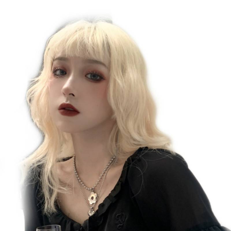 Wig female light golden rice white air bangs medium long hair large curl anchor transformer wig