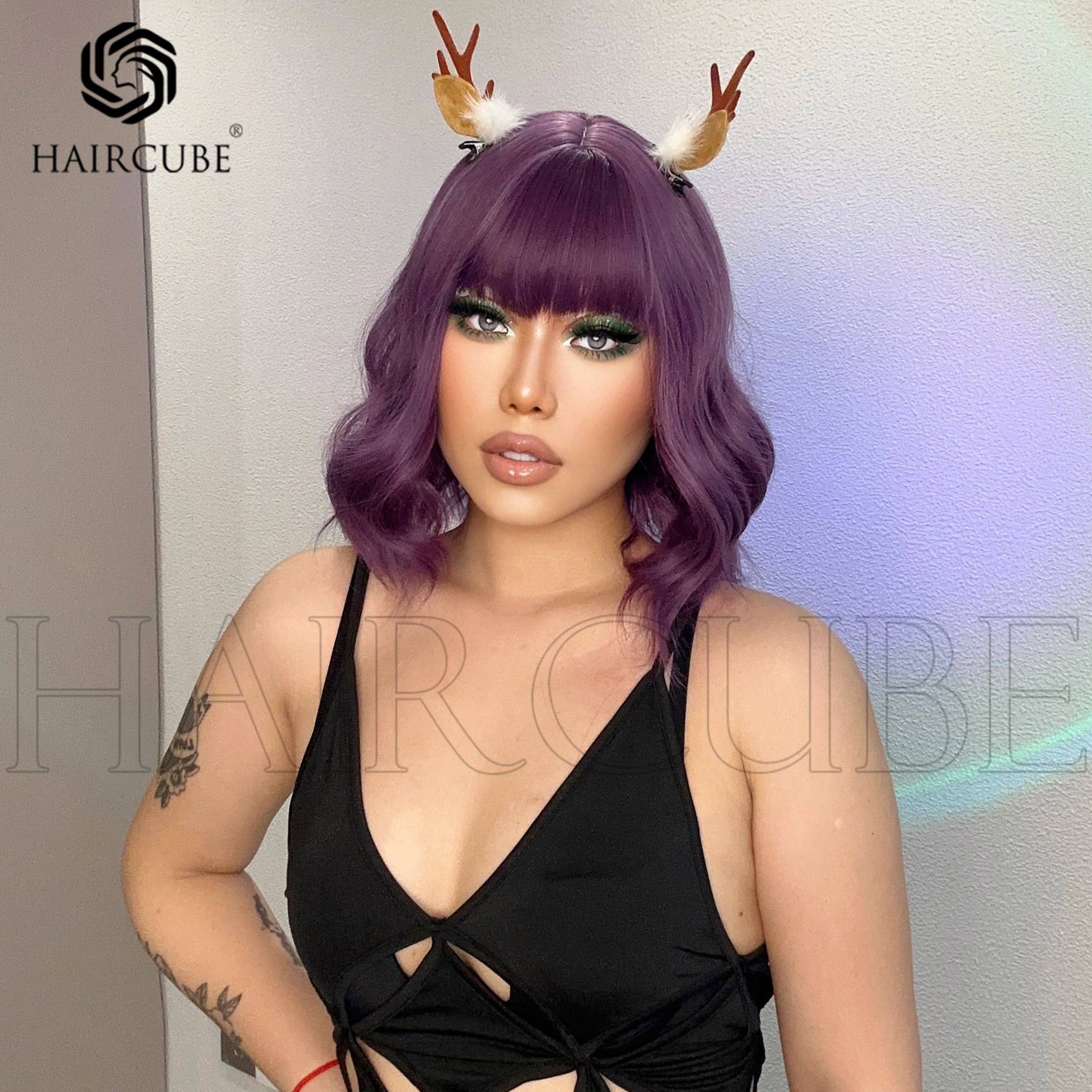Purple Qi bangs short curly hair style event gathering new wig new style