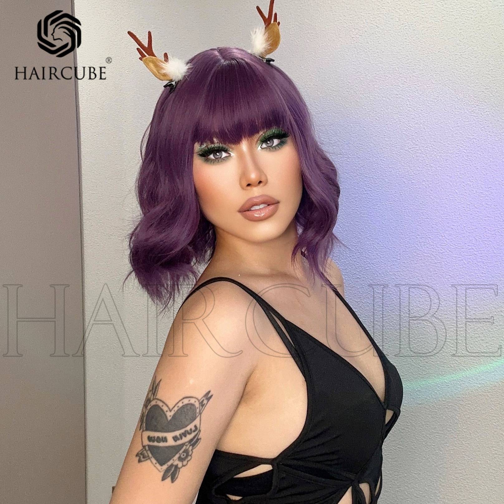 Purple Qi bangs short curly hair style event gathering new wig new style