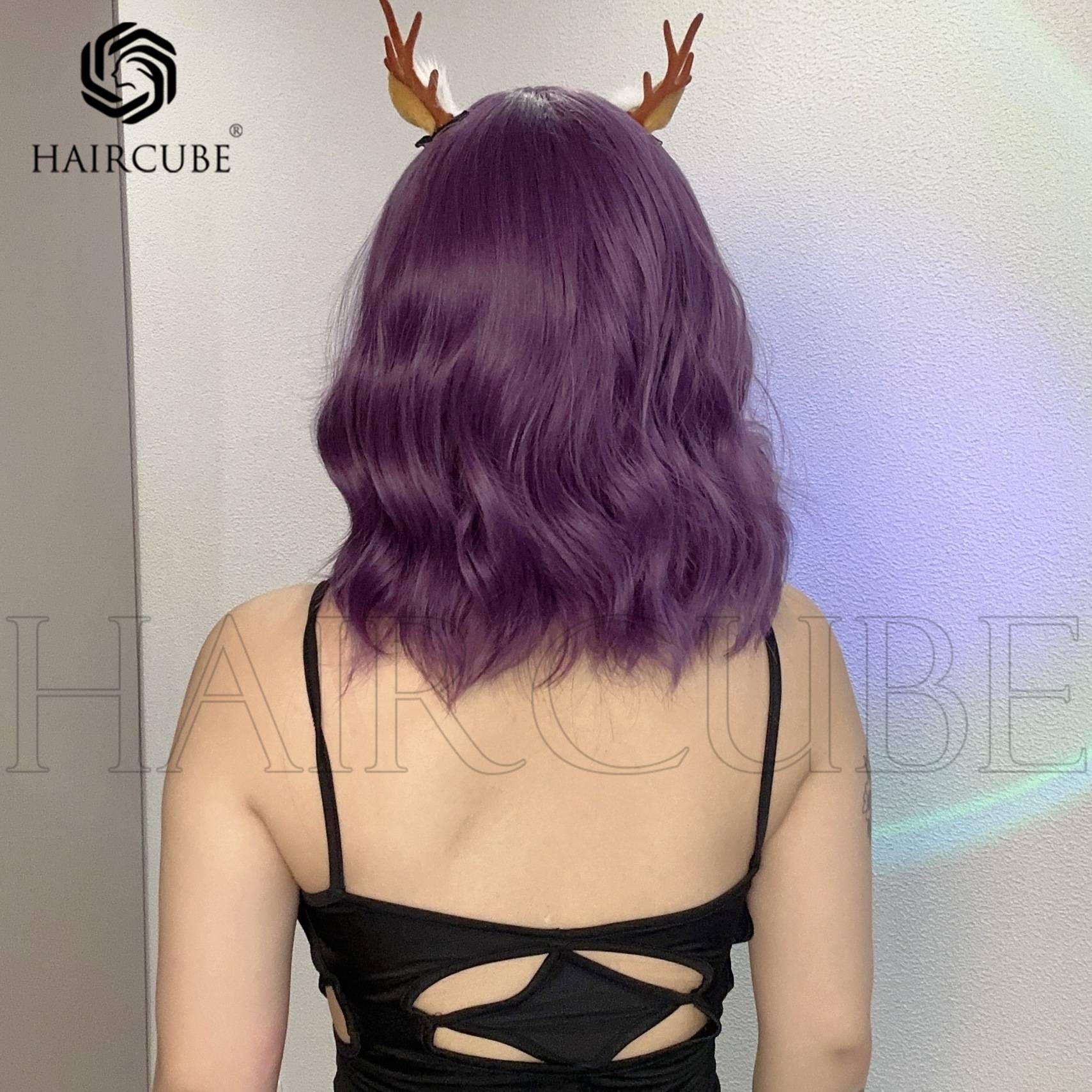 Purple Qi bangs short curly hair style event gathering new wig new style