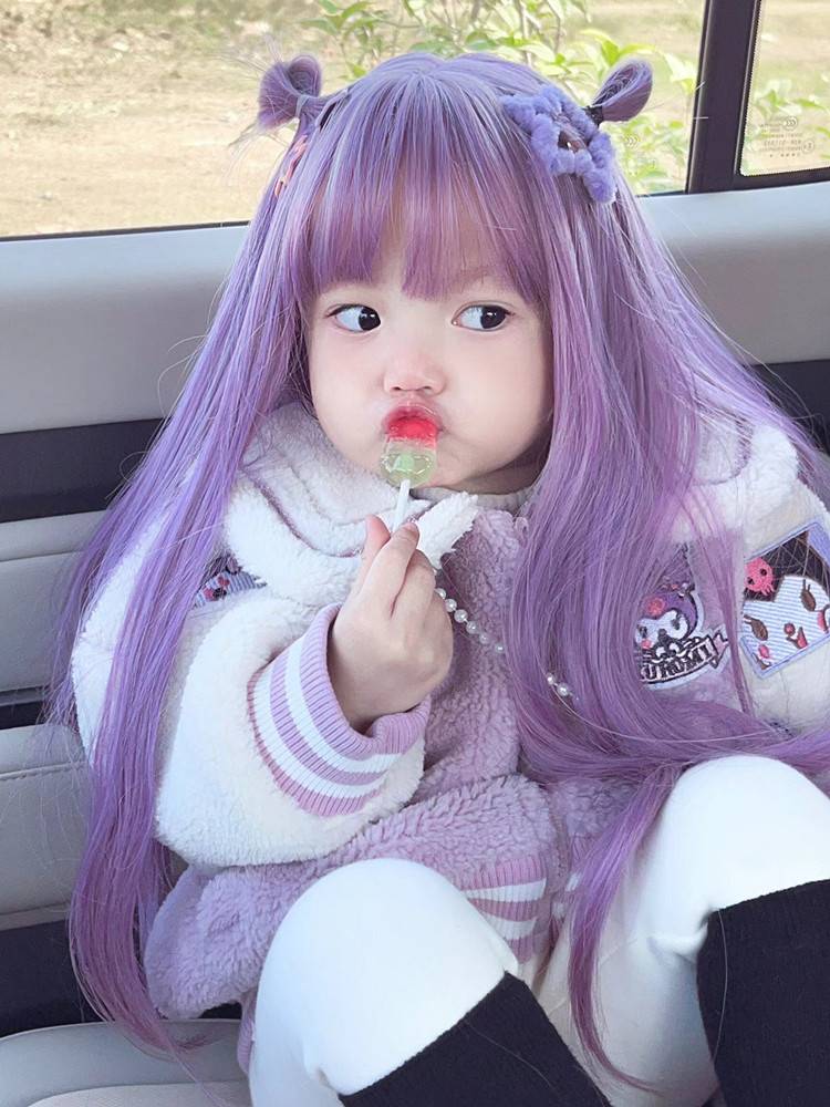 Children's wig Female straight hair Balala Little Demon COS Yan Lili purple purple funny hairstyle