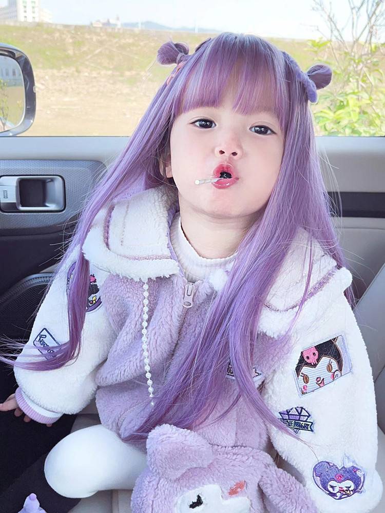 Children's wig Female straight hair Balala Little Demon COS Yan Lili purple purple funny hairstyle